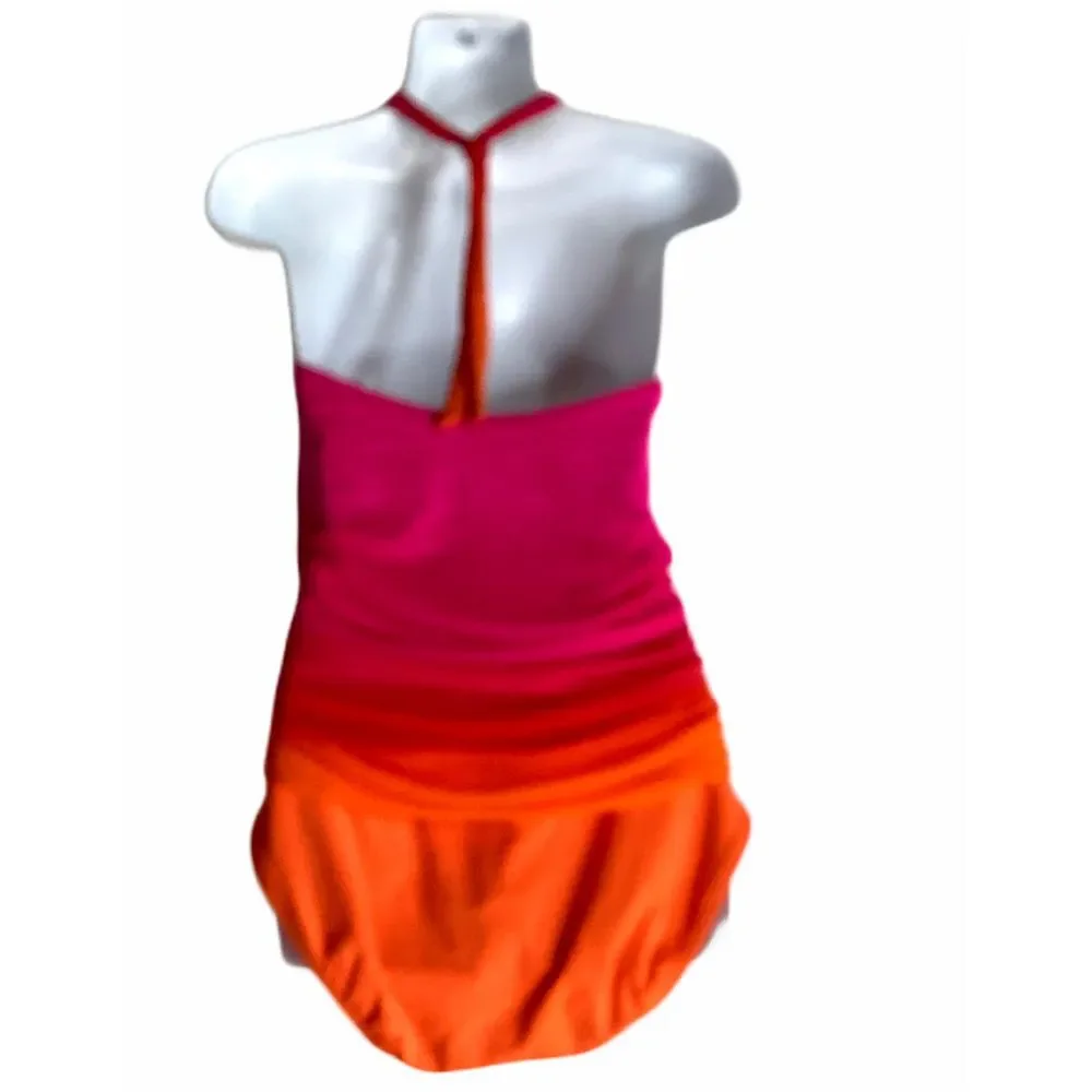 Ralph Lauren Swimsuit One‎ Piece Sz 12 Orange Pink Ruffle Halter Rhinestones